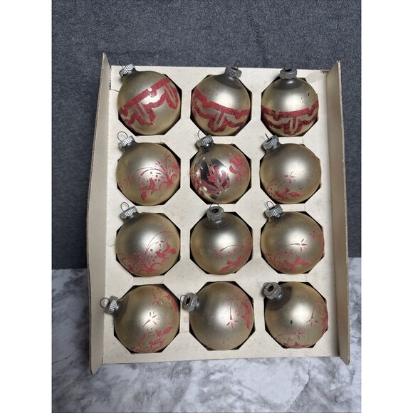 Vtg Shiny Brite Glass Ornaments Box 12 Stencil Glitter Solid Xmas USA READ - Picture 1 of 10